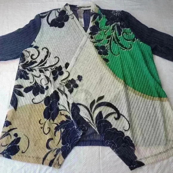 Easywear Chicos 3 Cardigan Womens XL Floral Laser Cut Striped Nylon Blend Open - Picture 2 of 16